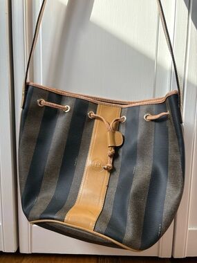 Fendi Pequin Pvc Leather Bucket Bag Small Crossbody Drawstring Used